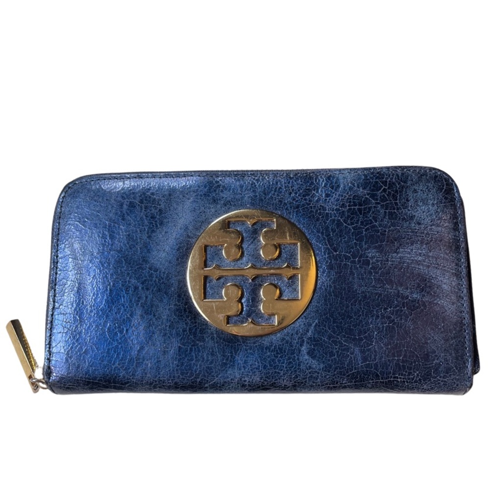 Tory Burch Wallet Reva Vintage Zip Around Blue Metallic Reva Y2K